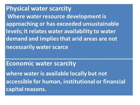 Physical water scarcity Where water resource development is approaching or has exceeded unsustainable levels; it relates water availability to water demand.