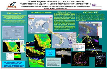 The GEON Integrated Data Viewer (IDV) and IRIS DMC Services: CyberInfrastructure Support for Seismic Data Visualization and Interpretation Charles Meertens.