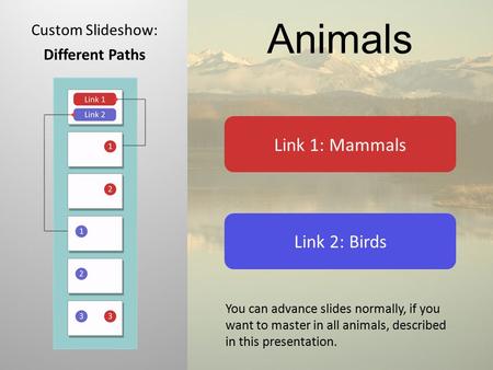 Animals Custom Slideshow: Different Paths Link 2: Birds Link 1: Mammals You can advance slides normally, if you want to master in all animals, described.
