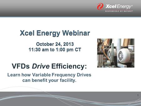 1 Xcel Energy Webinar October 24, 2013 11:30 am to 1:00 pm CT VFDs Drive Efficiency: Learn how Variable Frequency Drives can benefit your facility.
