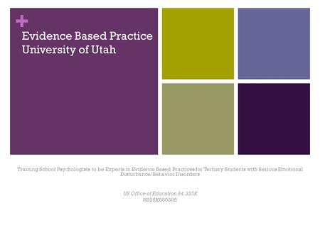 + Evidence Based Practice University of Utah Training School Psychologists to be Experts in Evidence Based Practices for Tertiary Students with Serious.