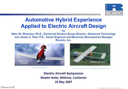 Electric Aircraft Symposium Westin Hotel, Millbrae, California