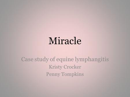 Miracle Case study of equine lymphangitis Kristy Crocker Penny Tompkins.