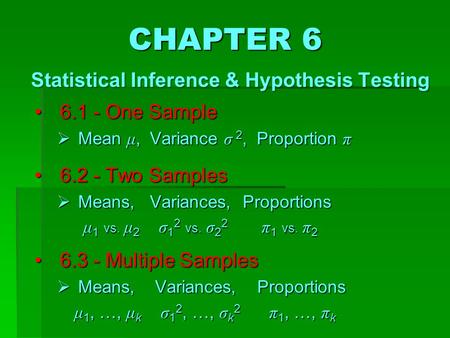 6.1 - One Sample 6.1 - One Sample  Mean μ, Variance σ 2, Proportion π 6.2 - Two Samples 6.2 - Two Samples  Means, Variances, Proportions μ 1 vs. μ 2.