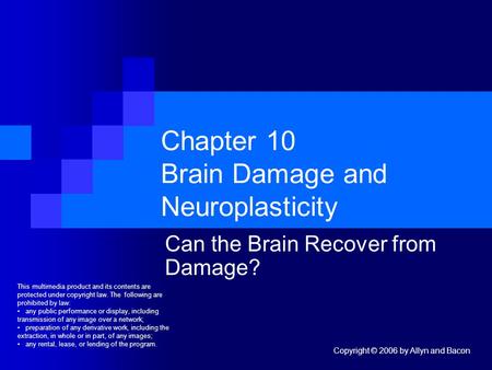 Copyright © 2006 by Allyn and Bacon Chapter 10 Brain Damage and Neuroplasticity Can the Brain Recover from Damage? This multimedia product and its contents.