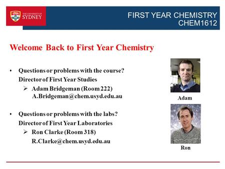 FIRST YEAR CHEMISTRY CHEM1612 Welcome Back to First Year Chemistry Questions or problems with the course? Director of First Year Studies  Adam Bridgeman.