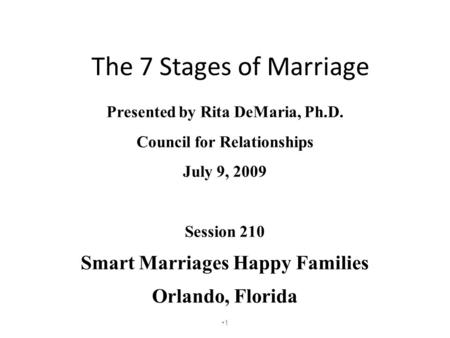 The 7 Stages of Marriage Presented by Rita DeMaria, Ph.D. Council for Relationships July 9, 2009 Session 210 Smart Marriages Happy Families Orlando, Florida.