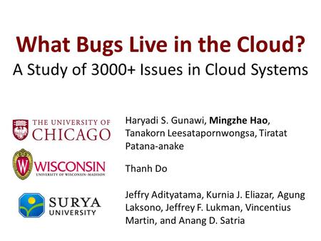 What Bugs Live in the Cloud? A Study of 3000+ Issues in Cloud Systems Jeffry Adityatama, Kurnia J. Eliazar, Agung Laksono, Jeffrey F. Lukman, Vincentius.