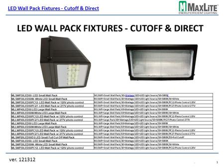 ENERGY EFFICIENT LIGHTING LED WALL PACK FIXTURES - CUTOFF & DIRECT ver. 121312 LED Wall Pack Fixtures - Cutoff & Direct.1.1 MLSWP30LED50- LED Small Wall.