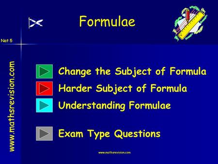 Www.mathsrevision.com Formulae www.mathsrevision.com Change the Subject of Formula Harder Subject of Formula Understanding Formulae Nat 5 Exam Type Questions.
