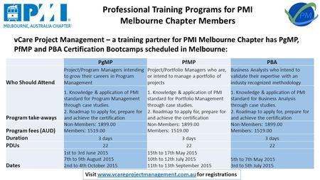 Professional Training Programs for PMI Melbourne Chapter Members vCare Project Management – a training partner for PMI Melbourne Chapter has PgMP, PfMP.