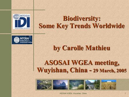 ASOSAI WGEA, Wuyishan, China1 Biodiversity: Some Key Trends Worldwide by Carolle Mathieu ASOSAI WGEA meeting, Wuyishan, China - 29 March, 2005.