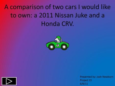 A comparison of two cars I would like to own: a 2011 Nissan Juke and a Honda CRV. Presented by: Josh Newborn Project 15 6/6/11.