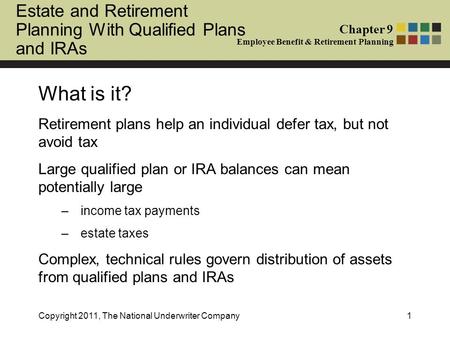 Estate and Retirement Planning With Qualified Plans and IRAs Chapter 9 Employee Benefit & Retirement Planning What is it? Retirement plans help an individual.