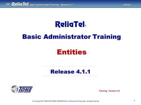 © Copyright 2013 TONE SOFTWARE CORPORATION. Confidential and Proprietary. All rights reserved. ® Basic Administrator Training – Release 4.1.1 Entities.
