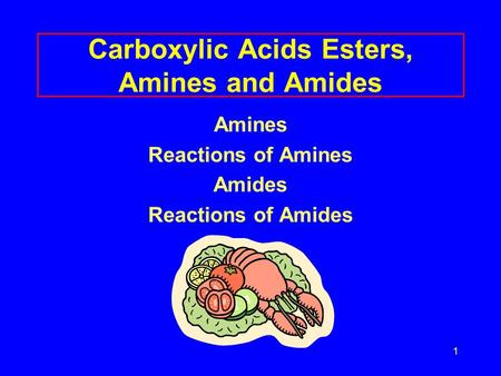 1 Carboxylic Acids Esters, Amines and Amides Amines Reactions of Amines Amides Reactions of Amides.