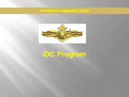 IDC Program INFORMATION DOMINANCE CORPS.  BACKGROUND  PURPOSE  STATEGY  MISSION STATEMENT  GOALS  IDC CAREERS  IDC PROFESSIONAL PROFILE  NAVY.