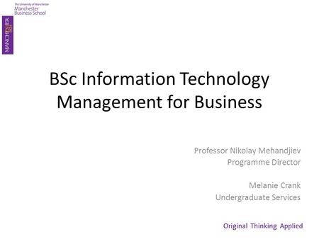 BSc Information Technology Management for Business Professor Nikolay Mehandjiev Programme Director Melanie Crank Undergraduate Services.