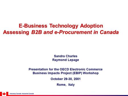 E-Business Technology Adoption Assessing B2B and e-Procurement in Canada Sandra Charles Raymond Lepage Presentation for the OECD Electronic Commerce Business.