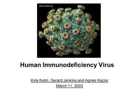 Human Immunodeficiency Virus Kyle Kuhn, Gerard Jenkins and Agnes Kazior March 11, 2003.