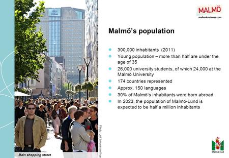Malmö’s population 300,000 inhabitants (2011) Young population – more than half are under the age of 35 26,000 university students, of which 24,000 at.