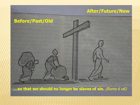 Before/Past/Old After/Future/New....so that we should no longer be slaves of sin. (Roms 6 v6)