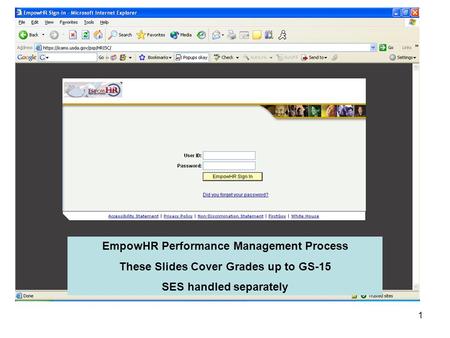 1 EmpowHR Performance Management Process These Slides Cover Grades up to GS-15 SES handled separately.