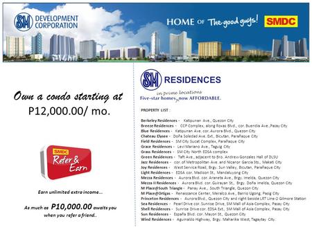 Earn unlimited extra income... As much as P10,000.00 awaits you when you refer a friend.. Own a condo starting at P12,000.00/ mo. PROPERTY LIST : Berkeley.