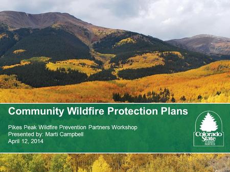 Community Wildfire Protection Plans Pikes Peak Wildfire Prevention Partners Workshop Presented by: Marti Campbell April 12, 2014.