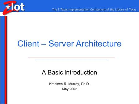 Client – Server Architecture A Basic Introduction Kathleen R. Murray, Ph.D. May 2002.