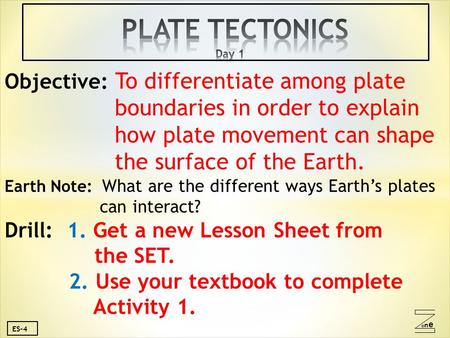 Oneone ES-4 Objective: To differentiate among plate boundaries in order to explain how plate movement can shape the surface of the Earth. Earth Note: What.
