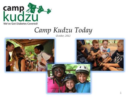 Camp Kudzu Today October, 2012 1. Camp Kudzu’s Mission Adopted April, 2010 2 “Camp Kudzu educates, inspires and empowers children with diabetes. ‘Til.