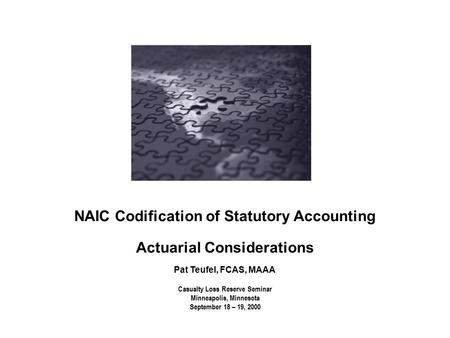 Casualty Loss Reserve Seminar Minneapolis, Minnesota September 18 – 19, 2000 NAIC Codification of Statutory Accounting Actuarial Considerations Pat Teufel,