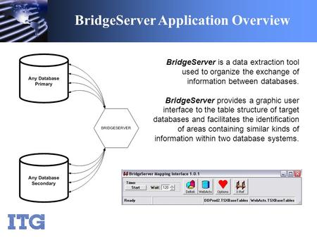 BridgeServer Application Overview BridgeServer is a data extraction tool used to organize the exchange of information between databases. BridgeServer provides.