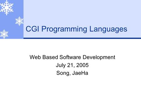 CGI Programming Languages Web Based Software Development July 21, 2005 Song, JaeHa.