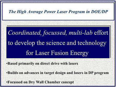 The High Average Power Laser Program in DOE/DP Coordinated, focussed, multi-lab effort to develop the science and technology for Laser Fusion Energy Coordinated,
