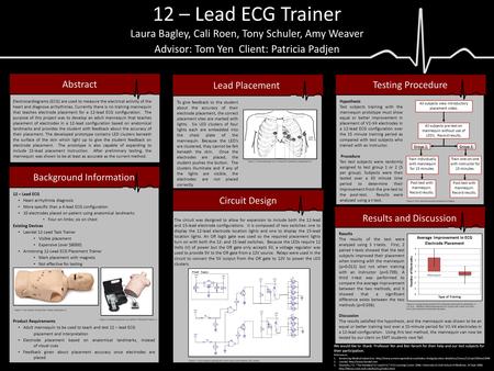 Abstract 12 – Lead ECG Trainer Laura Bagley, Cali Roen, Tony Schuler, Amy Weaver Advisor: Tom Yen Client: Patricia Padjen Background Information Lead Placement.