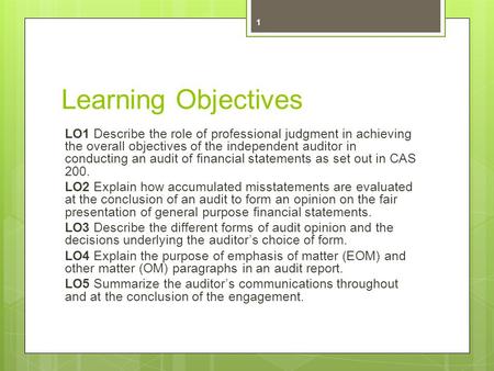 Learning Objectives LO1 Describe the role of professional judgment in achieving the overall objectives of the independent auditor in conducting an audit.