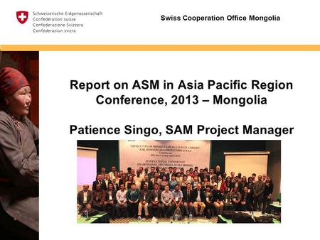 Insert image Report on ASM in Asia Pacific Region Conference, 2013 – Mongolia Patience Singo, SAM Project Manager Swiss Cooperation Office Mongolia.