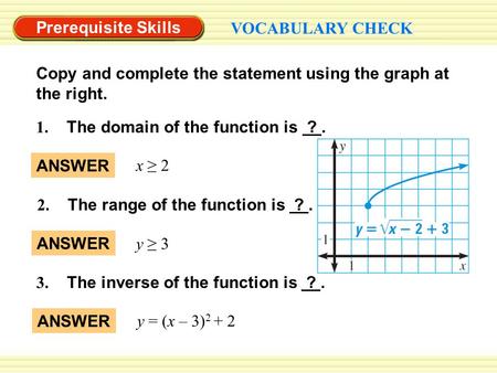 Prerequisite Skills VOCABULARY CHECK 1. The domain of the function is ?. 2. The range of the function is ?. 3. The inverse of the function is ?. ANSWER.