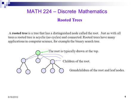1 8/16/2015 MATH 224 – Discrete Mathematics A rooted tree is a tree that has a distinguished node called the root. Just as with all trees a rooted tree.