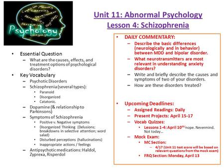 Unit 11: Abnormal Psychology Lesson 4: Schizophrenia Essential Question – What are the causes, effects, and treatment options of psychological disorders?