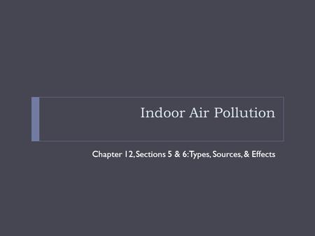Indoor Air Pollution Chapter 12, Sections 5 & 6: Types, Sources, & Effects.