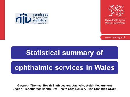 Gwyneth Thomas, Health Statistics and Analysis, Welsh Government Chair of Together for Health: Eye Health Care Delivery Plan Statistics Group Statistical.