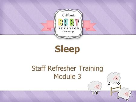 1 Sleep Staff Refresher Training Module 3. 2 Agenda  Review Crying Take Home Activity  What Parents Say about Infant Sleep  Sleep Messages  Responding.