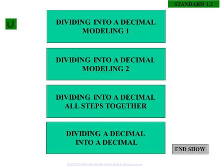 STANDARD 1.2 DIVIDING A DECIMAL INTO A DECIMAL DIVIDING INTO A DECIMAL ALL STEPS TOGETHER DIVIDING INTO A DECIMAL MODELING 2 DIVIDING INTO A DECIMAL MODELING.