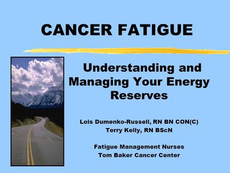 Understanding and Managing Your Energy Reserves Lois Dumenko-Russell, RN BN CON(C) Terry Kelly, RN BScN Fatigue Management Nurses Tom Baker Cancer Center.