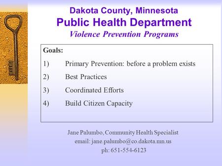 Dakota County, Minnesota Public Health Department Violence Prevention Programs Jane Palumbo, Community Health Specialist