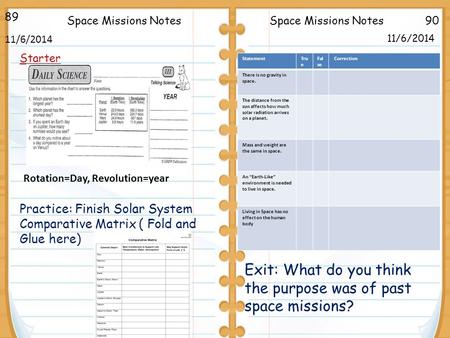 90Space Missions Notes 11/6/2014 89 11/6/2014 Starter Practice: Finish Solar System Comparative Matrix ( Fold and Glue here) Space Missions Notes Exit: