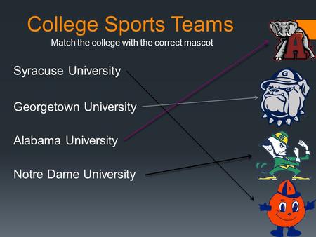 College Sports Teams Match the college with the correct mascot Syracuse University Georgetown University Alabama University Notre Dame University.